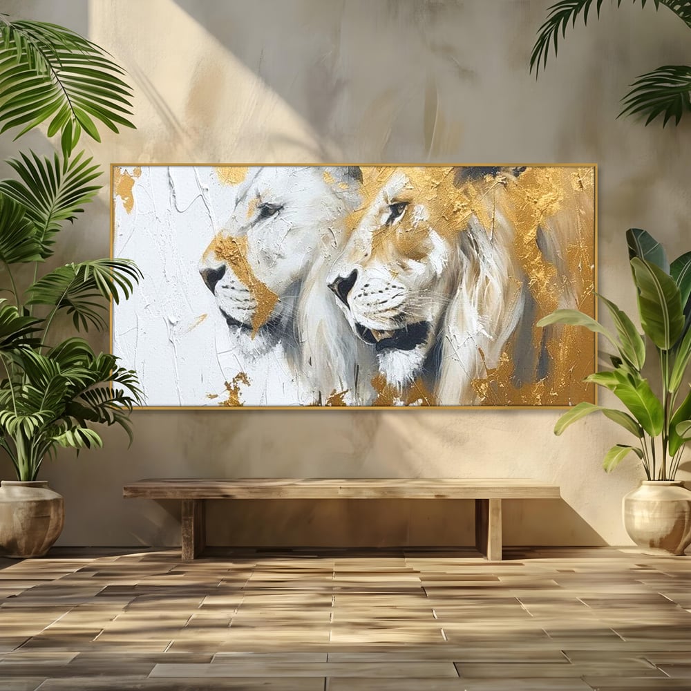Tablou canvas cu tablou canvas cu doi lei si accente aurii, in rama de aluminiu auriu